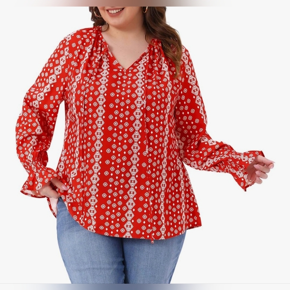 Neck Drawstring Tassel Tie Long Sleeve Printed Shirts Blouses XL
